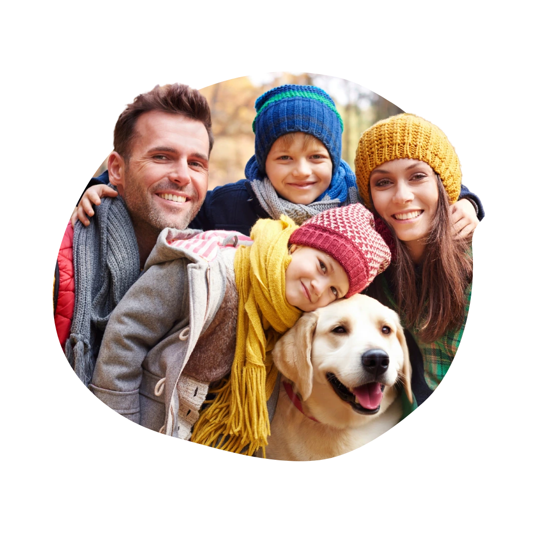 Happy family with two kids and a Labrador dog outdoors – Heart N Paws pet parenting collection, part of pet wellness and comfort essentials